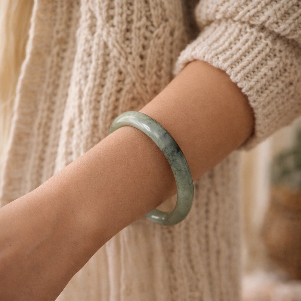 Natural Burmese Jade Bangle Bracelet – Soft Celadon Green, Translucent Stone - Picture 7 of 10